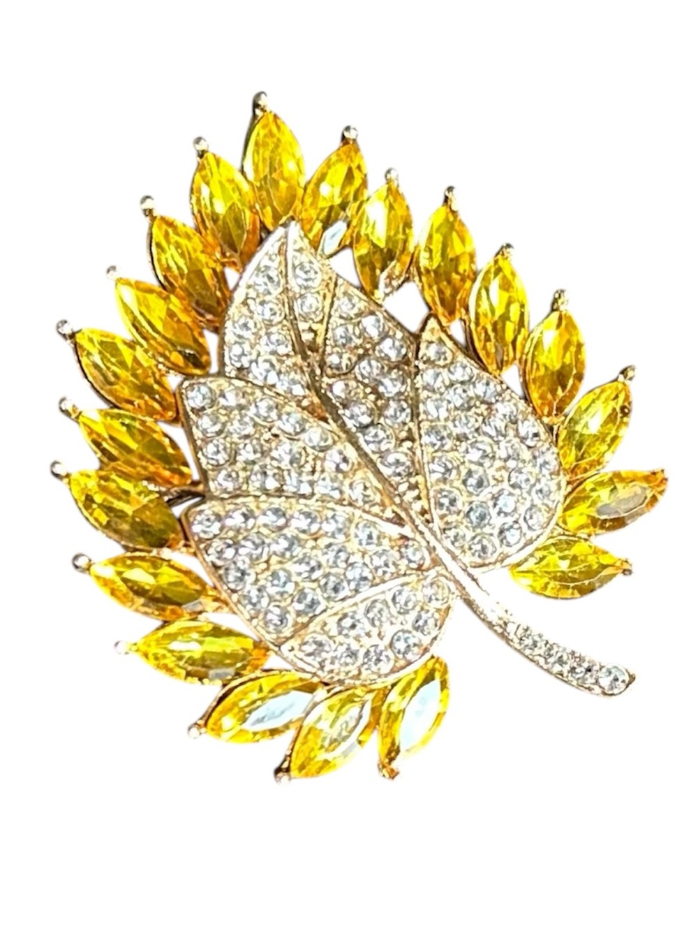 Gold-Tone Yellow Crystal Leaf Brooch